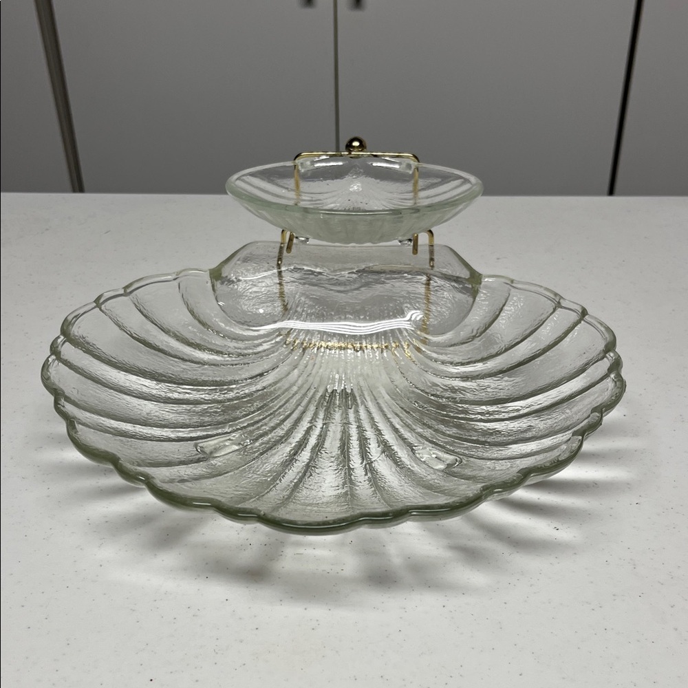 Vintage Seashell Glass Chip & Dip Serving Tray Coastal Entertaining Set